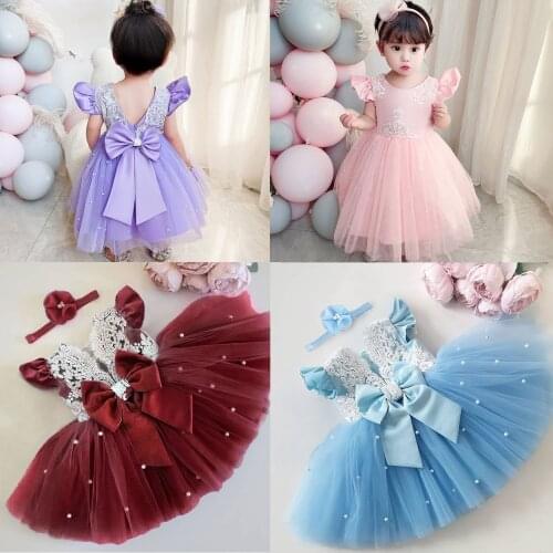 Baby Girl Princess Dress Fly Sleeves Tutu Kids Clothes Flower Girls Dresses Wedding Party Matching Headband Children Clothing