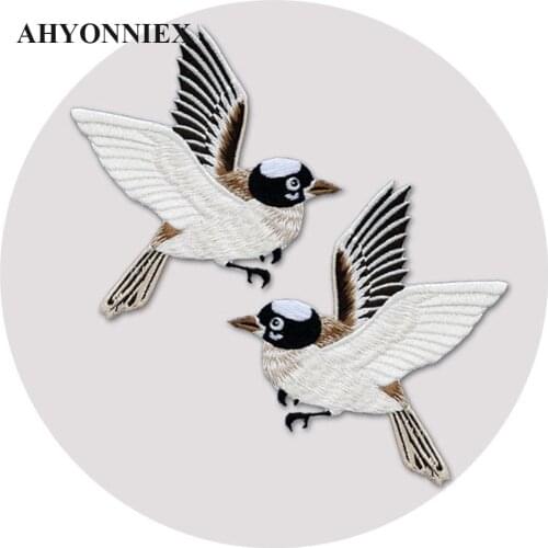 AHYONNIEX High Quality Pulsatilla Bird In Pairs Embroidered Iron On Patches for Clothes Dress Jacket Jeans Stickers DIY Parches