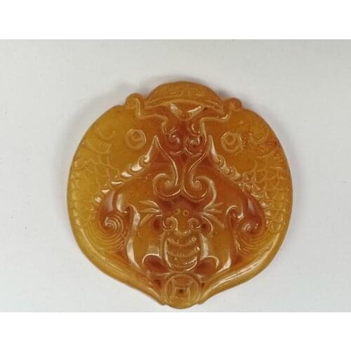 YIZHU CULTUER ART Collection Old Chinese Jade Carving Auspicious Fish Bat Necklace Pendant Gift