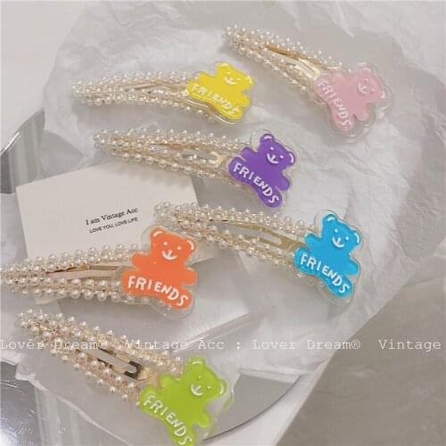 New Bear Crystal Pearl Hair Clip Geometric Side Pins Barrettes Sweet Candy Color Ins Chic Hair Accessories Hairpins Women