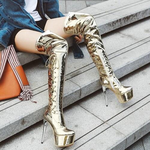 Gold Silver Pink Women Thigh High Boots Fashion Mirror Patent Leather 14CM Stiletto Over the Knee Boots Fetish Prom Long Boots