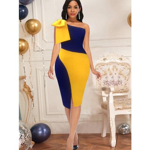 Women Dresses Bodycon Party Sexy One Shoulder Bowtie Blue Yellow Patchwork Irregular Sheath Event Lady African Autumn Night Out