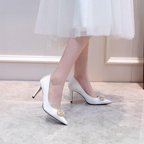 Women Heel Wedding Shoes Women Pumps Pearl Brand Silk Party High Heels Spring and Autumn 2021 Fashion New Arrival