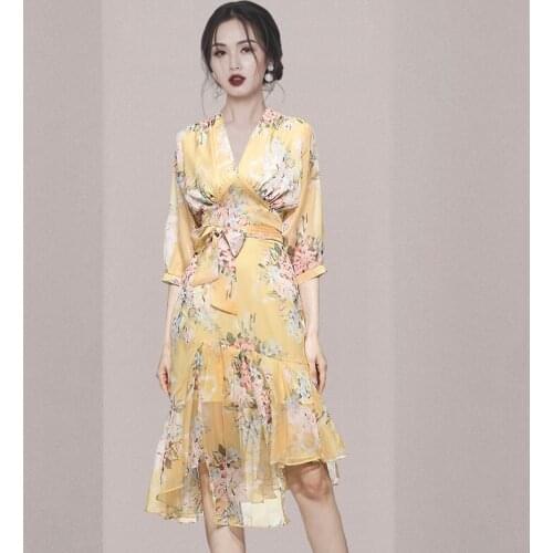 New Floral Print Summer Chiffon Two Piece Set Women High Waist Knee Length Runway Skirt Sets Bow Lace Up Ruffles Party Beach