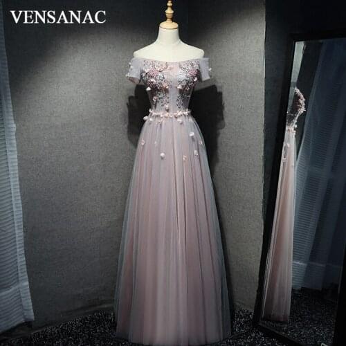 VENSANAC 2018 Lace Appliques Boat Neck Long Evening Dresses Elegant A Line Party Flowers Beading Tulle Prom Gowns