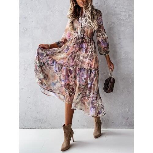 2021 Autumn Long Print Shirt Dress Women Vintage Chiffon Maxi Ruffle Dress Single Breasted Elegant Long Sleeve Flower Party Robe