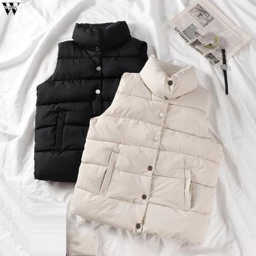 Winter Warm Vest Jacket Black Stand Collar Winter Sleeveless Vests Short Vest Cotton Padded Jacket Female Waistcoat Gilet