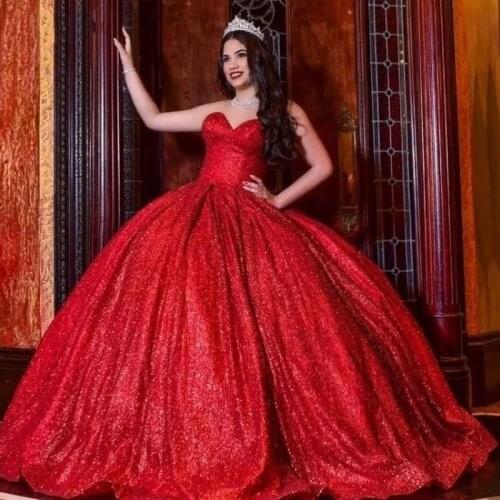 2021 Simple Red Quinceanera Dresses Sequin Ball Gown Prom Dress Sweetheart Formal vestidos de xv años Sweep Train