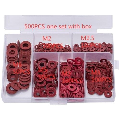 500Pcs/set M2 M2.5 M3 M4 M5 M6 Steel Flat Pad Insulation Washers Red Paper Meson Gasket Spacer Insulating Spacers Kit HW050