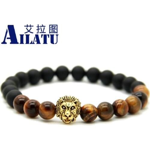 Ailatu Fashion Masculinas Natural Tiger Eye Stone Lion Head Bracelet Women Pulseras Hombre Bracciali Mens Elastic Bead Jewelry