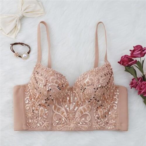 Embroidered Sequined Camisole Sexy Elastic Shaping Underwear Gathered Bras Cropped Tops Female Performance Clothing Y1137