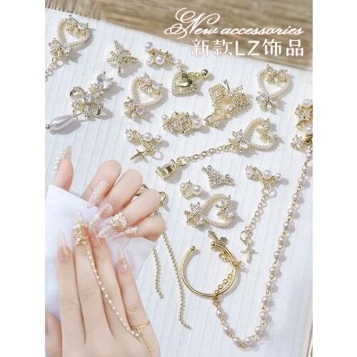 10pcs/lot 3D Love Butterfly Chain Alloy Crystals Nail Art Rhinestones Pearl Zircon Decorations Nails Accessories Supplies Charms