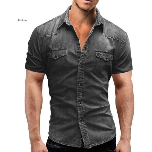 Men Spring Summer Denim Thin Shirt Short Sleeve Soft Cotton Two Pockets Slim Slight Elastic Jeans Cowboy Shirt Clothing