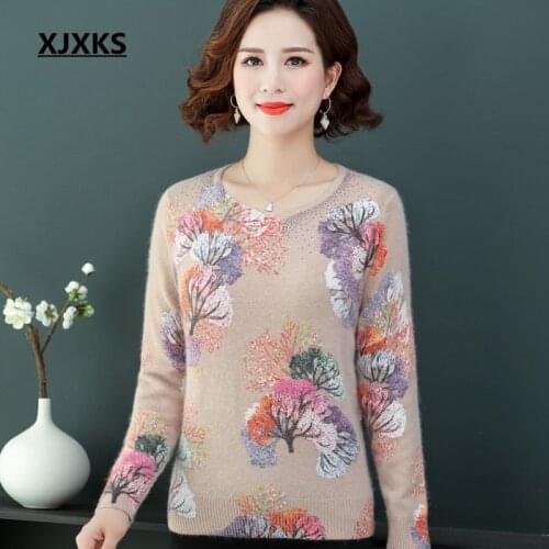 XJXKS Exquisite printed women sweater pullover 2019 autumn winter new plus size high quality mink cashmere women sweater