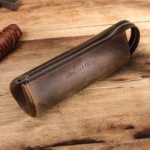 Retro Cowhide Leather Zipper Pencil Case High Capacity Business School Office Pen Bag Pouch Stationery Supplies 85DD