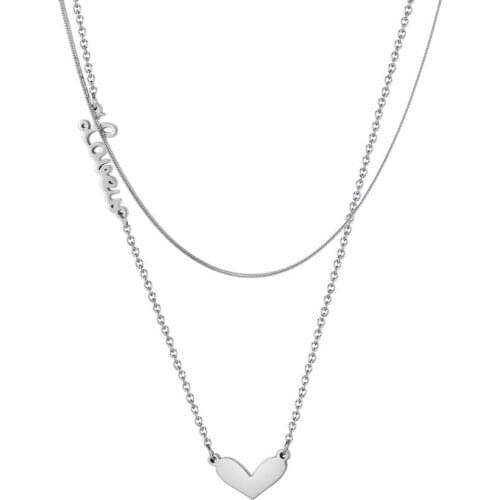 Layering Necklace Double Snake Clavicle Chain Simple Stainless Steel Heart Pendant Silver 18 Inches Fashion Women Girls Gifts