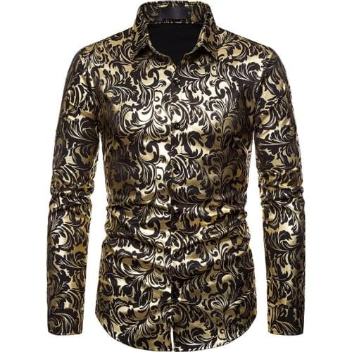 Gold Floral Foil Print Shirt Men 2021 Brand Mew Slim Fit Long Sleeve Mens Dress Shirts Business Casual Social Shirt Male Camisa