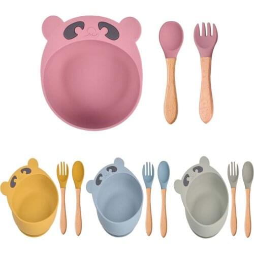 Silicone Baby Bowl Spoon And Fork Set Baby Cartoon Bear Suction Cup Anti-drop Complementary Food Bowl Non-Slip Crockery BPA Free