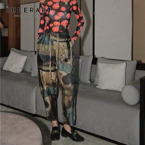 CHEERART Fall 2020 Designer Pants Painting Trousers Women Drawstring Pants Ankle Length High Waist Harem Pants Autumn Fashion