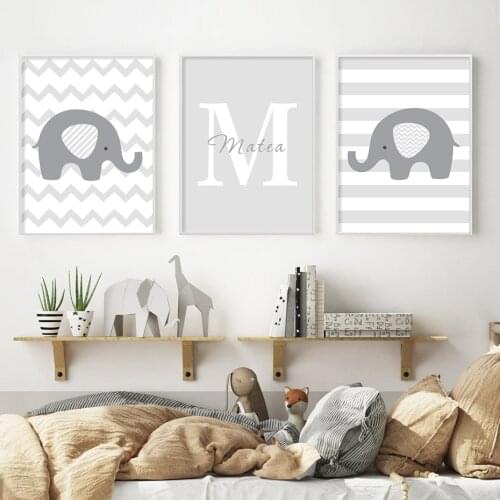 Personalized Babys Name Custom Gray Elephant Nursery Canvas Painting Poster Wall Art Pictures Decor Kid Bedroom Home No Frame