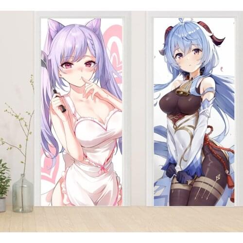 PVC Door Sticker Game Genshin Impact Wallpaper Living Room Keqing Door Poster Self-Adhesive Sexy anime girls Mural Glass Sticker