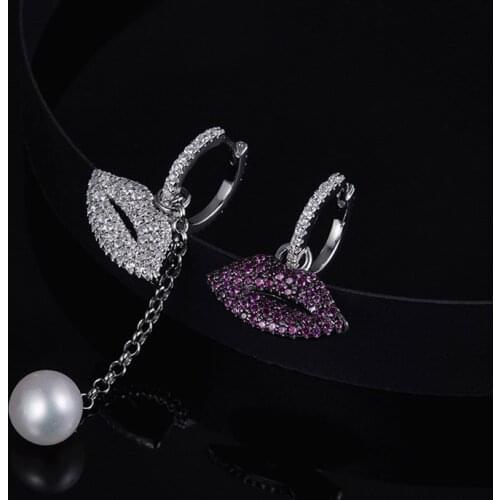 AAA+ Quality Fashion Asymmetry Sterling Silver Hoop Earrings Top Zircon And Pearl Big Mouth Red Lips Earrings For Women Jewelry