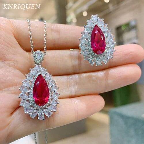 Charms 925 Sterling Silver Water Drop 8*16MM Ruby Gemstone Pendant Necklace Rings for Girlfriend Lab Diamond Jewelry Sets Gift