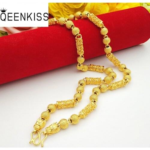 QEENKISS NC531 Fine Jewelry Wholesale Fashion Man Male Birthday Wedding Gift Vintage Matte Dragon Head 24KT Gold Chain Necklaces