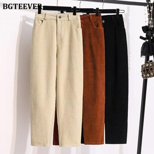 BGTEEVER Autumn Winter Women Corduroy Pants 2020 Elastic High Waist Loose Female Straight Leg Pants Casual Streetwear Trousers