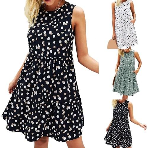 Summer Womens Dress 2021 Sundress O Neck Dots Print Sleeveless Large Hem Loose Knee-length Dress for Office