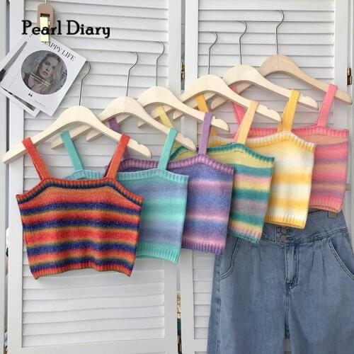 Pearl Diary Women Knitted Fuzzy Strappy Crop Tops Rainbow Striped Casual Sweet Short Tops Boxy Going Out Chic Knitting Tops