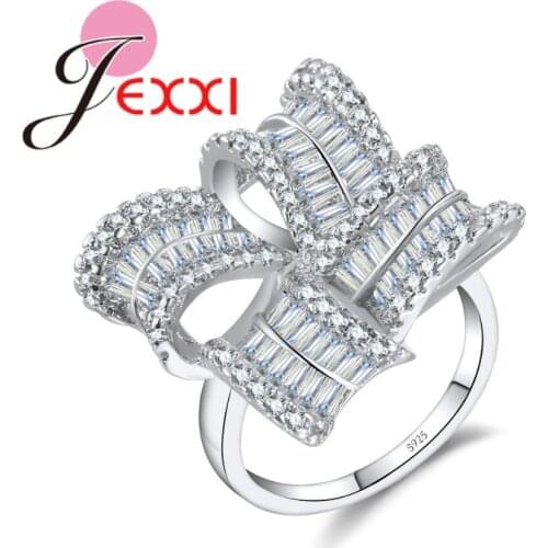 Elegant AAA White CZ Crystal Curved Flower 925 Sterling Silver Finger Rings for Women Wedding Jewelry