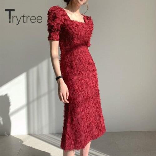 Trytree 2020 Summer Women Dress Casual Square Collar Slim fit Solid 3 Color Tassel Backless Fashion Elegant Temperament Dress