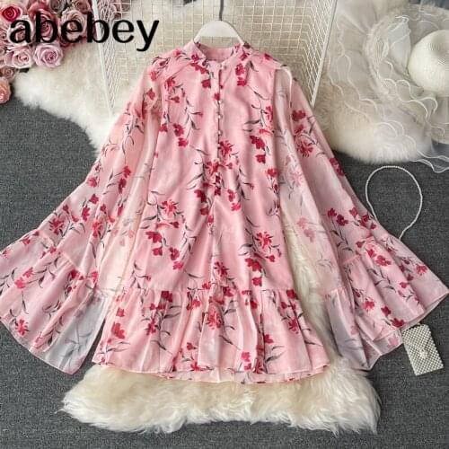 2021 New Spring Summer Temperament stand collar flare sleeve Dress ruffles patchwork single breasted floral split A-line Dress