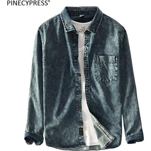 100% Cotton Man Denim Shirt Quality Spring Autumn Long Sleeve Male Retro Vintage Pocket Blue Men Jean Casual Cowboy Shirts