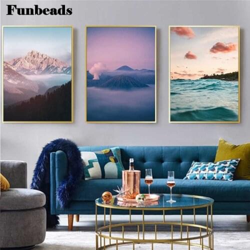 Diamond Painting Full Square round Triptych Mountain peak and sea landscape Embroidery Cross Stitch 5d Diy Decor picture FF456
