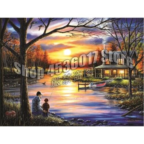 DIY Diamond Embroidery Sale 5D Diamond Painting Cabins Rivers Fishing Sunset Father Full Square Picture Rhinestone Mosaic Gift