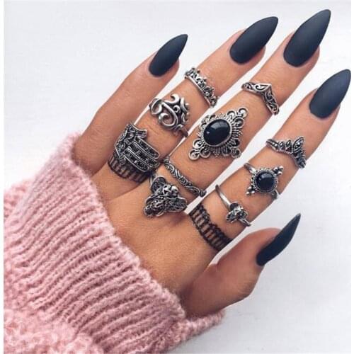 Docona 10pcs/set Vintage Punk Black Opal Elephant Ring Set for Women Antique Carved Finger Rings Party Beach Rings 4561