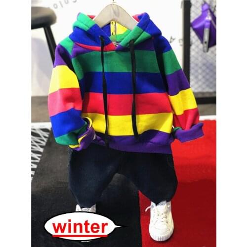2PCS Suit Baby Boy Clothes Children Winter Toddler Boys Clothing Set Rainbow Kids Thickened Hoodie, Thickened Jeans 2-6year