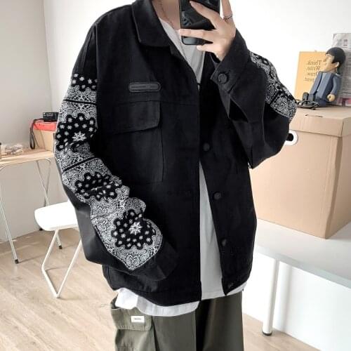 Autumn Mens Retro Color Matching Tooling Pocket Jacket Male Cashew Flower Loose Youth Casual Couple Clothes Ropa Para Hombre
