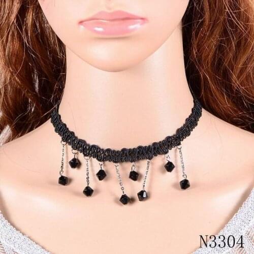 Fashion Gothic Victorian Crystal Tassel Tattoobead Pendant Choker Necklace Black Lace Choker Collar Women Wedding Jewelry