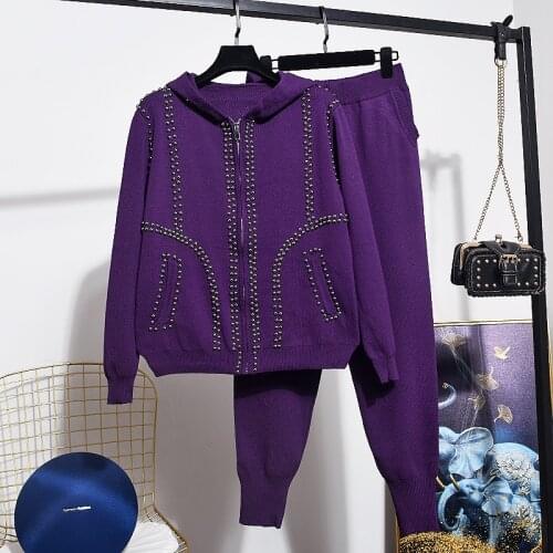 Fashion Spring Autumn Knit Tracksuit Women Set Loose Beading Hooded Knitted Cardigan Long Pencil Pants Female Two Piece Outfits