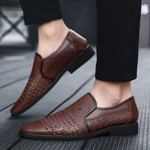 2019 Summer Mens Leather Sandals Genuine Leather Soft Bottom Slip-On Shoes Hole Shoes Middle-Aged Hollow Weave Dad Shoes 47 48