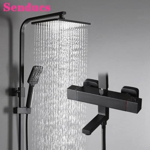 Thermostatic Shower Faucets Set with 12 Inch Rainfall Shower Head Solid Brass Bathroom Tap Matte Black Thermostatic Shower Set