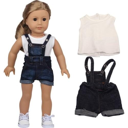 2021 New Clothes Denim Suspenders White T-shirtTwo Piece Set Fit 18 Inch American&43cm Baby New Born Doll Clothes Accessories