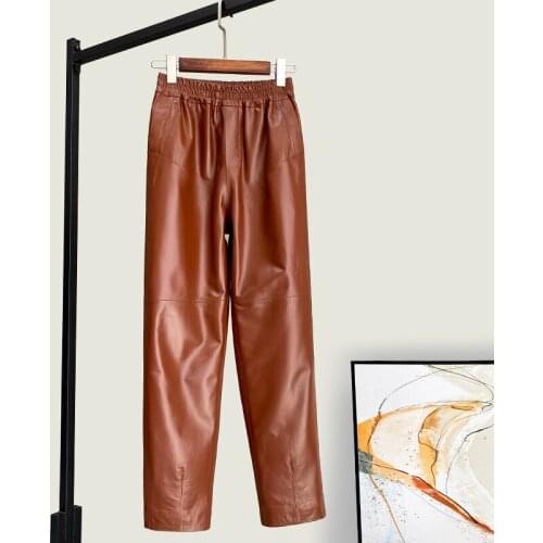 Autumn Winter Chic womens Sheepskin Genuine leather Pencil pants B636