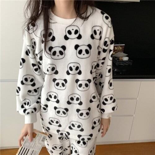 Pajamas for Women Sleepwear 2020 Winter Cartoon Panda/cow Print Casual Home Wear Two-piece Young Girl Plush Pajamas