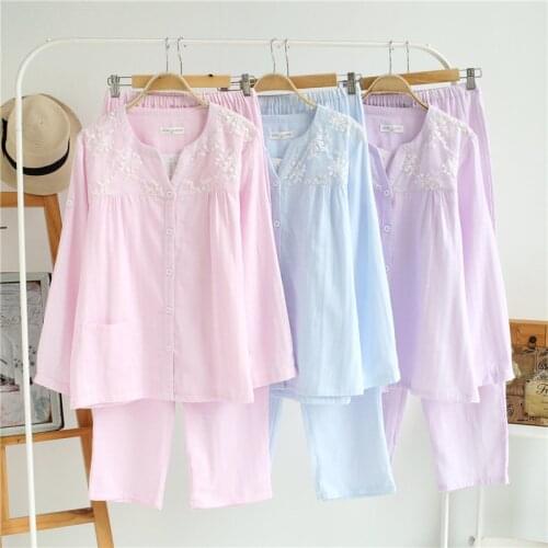 Long Sleeve Sleepwear Female Cotton Gauze Lace Women Pajamas Sets Autumn New Pyjama Nightwear Casual Homewear Top+Pants Pijama