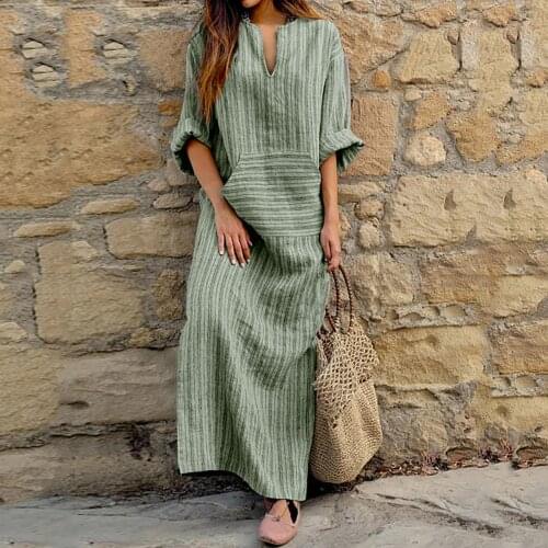 Cotton And Linen Maxi Dress Yarn-dyed Striped Summer Dress Plus Size Loose Long Dress Boho Holiday Pocket Dresses Robe Femme