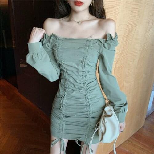 Japanese New Solid Ruffles Women Dress Party Chic Ruffles Package Hip High Waist Mini Dress Summer Ladies Long Sleeve Sexy Dress